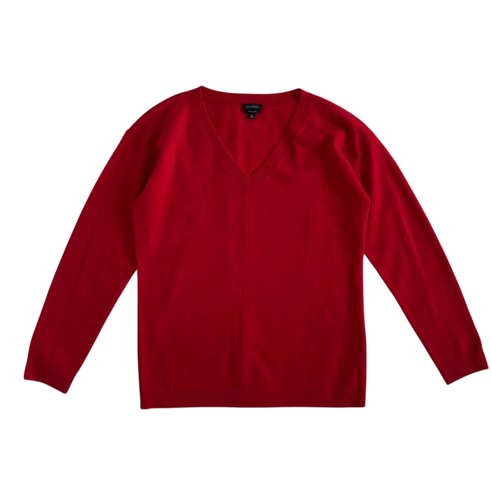 Talbots 2023 100% Cashmere Bright Red V Neck Sweater SZ M Holiday Winter Office